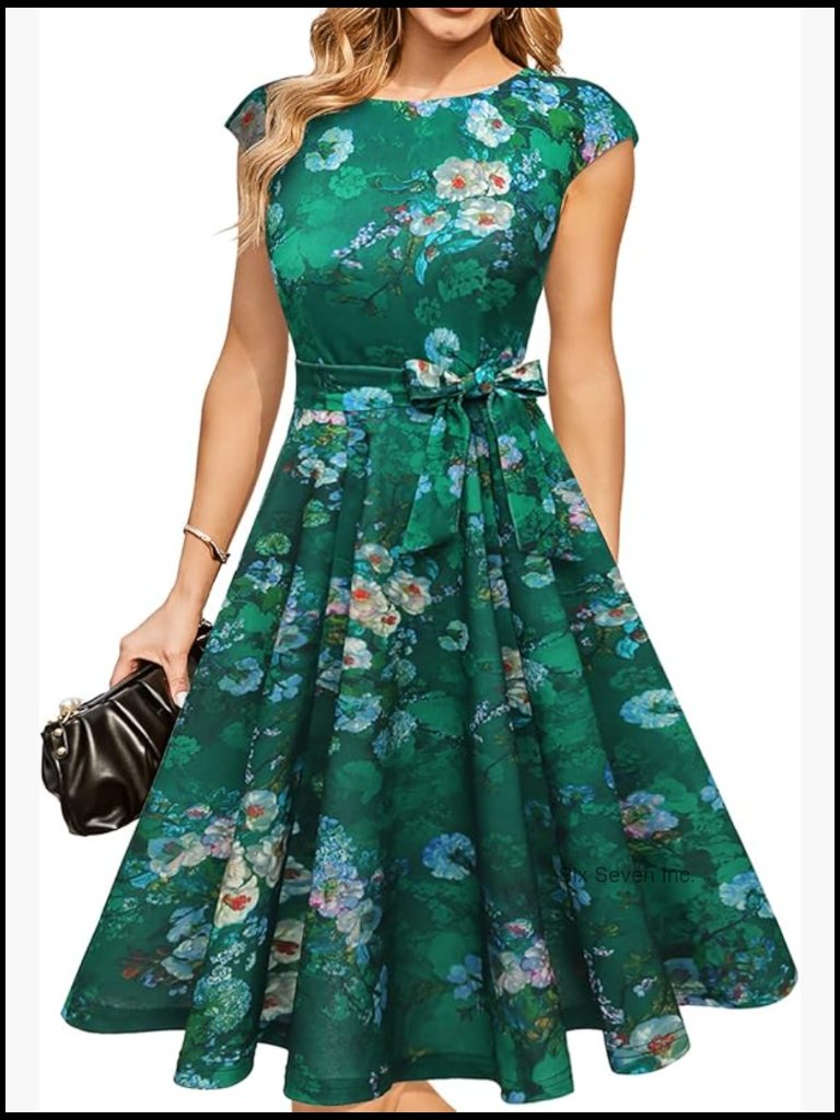 Women's Cocktail A-Line Cap Sleeve Midi Dress With Belt